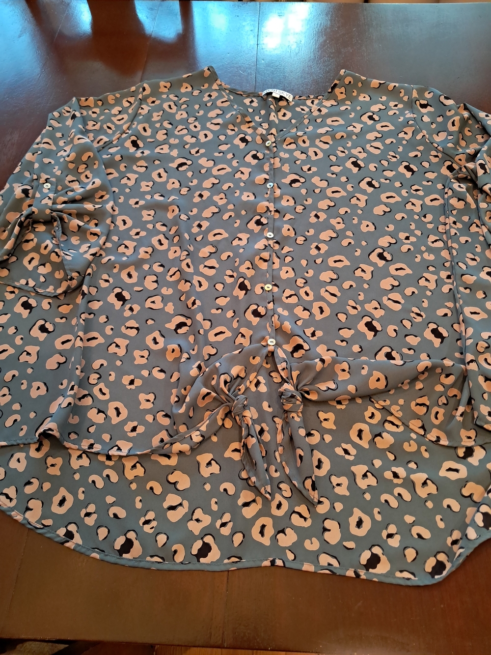 Tie-Hem Button-Front Leopard Print Blouse - Blue/Tan